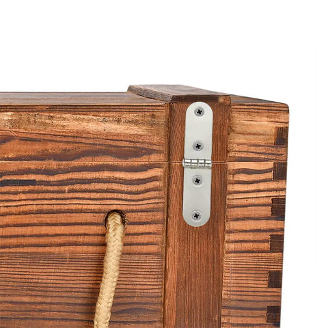 Satin Silver Mini Hinges for Wooden Boxes 20 Pack Die Cast Iron Hardware With 270 Degree Opening installed on wooden box corner.