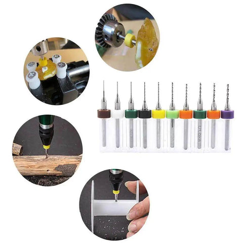 PCB Drill Bits Set 50 Pieces High Quality Tungsten Carbide Spiral Flute Bits For Printed Circuit Boards Jewelry CNC Engraving And Dremel Stone Milling 0.3mm To 1.2mm Precision Toolkit For Hobbyists And Pros displayed with uses and storage.