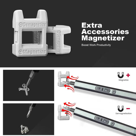30 In 1 Electric Screwdriver Kit With 24 Magnetic S2 Steel Bits And 3 LED Lights, shown with magnetizer accessory for enhanced productivity