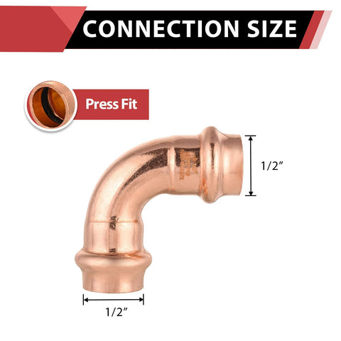 Copper press-fit 90-degree elbow fitting, 1/2 in. x 1/2 in., pack of 10 for copper tube connections.