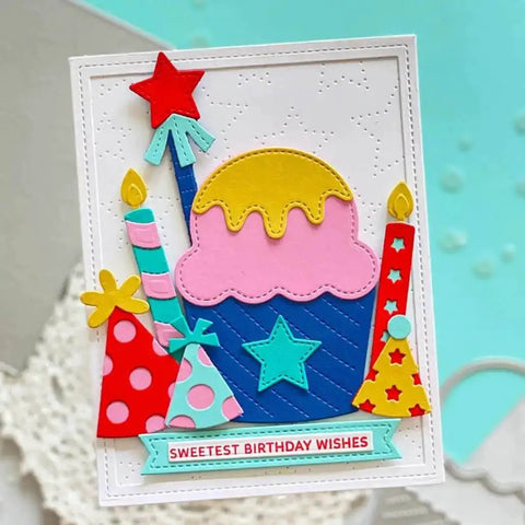 Colorful birthday card with cake and candles using Happy Birthday Balloons Metal Die-Cuts For Scrapbookers And Card Makers, DIYers