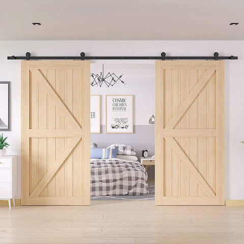 Installed 6.6Ft Antique Top Mount Double Sliding Barn Door Hardware Cabinet Kit Black Finish with 79.2In track