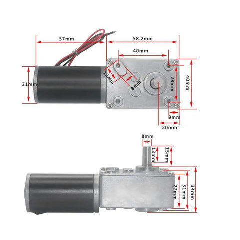 DC 12V Gear Motor With 50 RPM Output, High Torque Reduction Electric Motor, dimensions and measurements shown