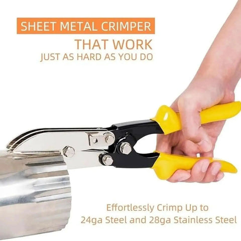 Heavy Duty Duct Crimping Tool for 24 to 28 gauge sheet metal showing close-up of ergonomic handles in use