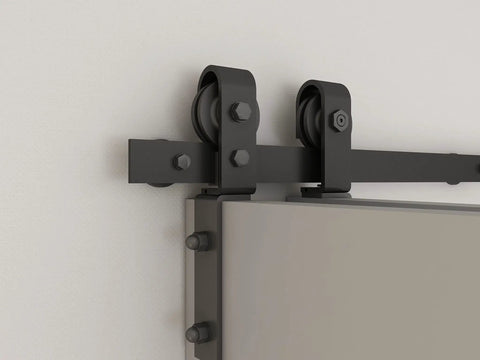 36 Inch By 84 Inch DIY Wood Bi-Fold Barn Door Kit With Carbon Gray Stain, slick sliding hardware close-up on wall