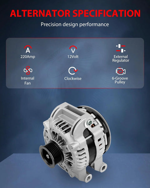 High Output 220 Amp 12 Volt Alternator For 2011 To 2018 Dodge Challenger Charger Durango And Jeep Grand Cherokee with specs.