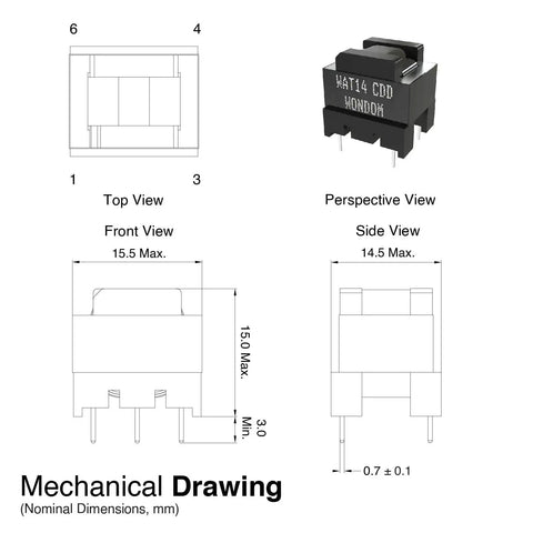 4 Pack Pro Grade Audio Isolation Transformer 600 Ohms To 600 Ohms 1:1 Ratio, mechanical drawing with dimensions