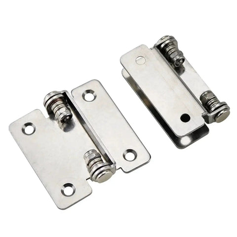 Close-up of two stainless steel 180° foldable damping torque hinges with springs