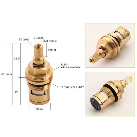 Brass Ceramic Disc Faucet Cartridge Replacement With 20 Spline Stem For Hot And Cold Water Two Valve Pack dimensions shown.