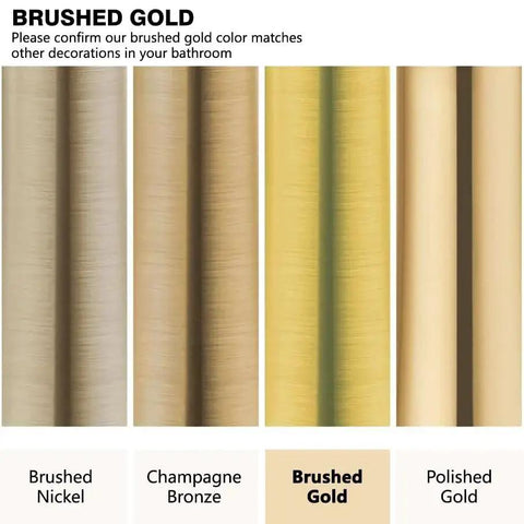 Color comparison showing brushed gold finish for Brushed Gold Shower Head System from Gabrylly with 10 Inch Rainfall Head and 5 Setting Handheld Sprayer Solid Brass Pressure Balance Valve High Pressure Shower Fixtures for Consistent Temperature and Luxurious Shower Experience