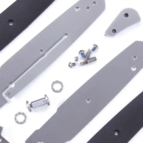 M63 DIY Folding Knife Kit With Dual Bearing Flipper Parts Kit Black G10 Handle Scales Gift Box Included USA Design Beginner Friendly Pro Grade Feel For Hobbyists And Knife Makers, assembly parts shown with screws, bearings, and blade components.