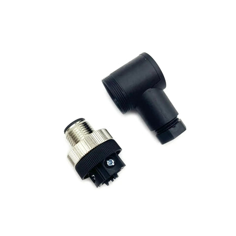 M12 4 Pin Male Connector IP67 Waterproof D Code Industrial Circular Connector with right angle, black PA66 shell, unassembled view