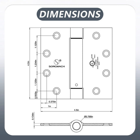 Technical drawing showing dimensions of Three Pack Four And A Half Inch Oil Rubbed Bronze Self Closing Door Hinges Auto Close