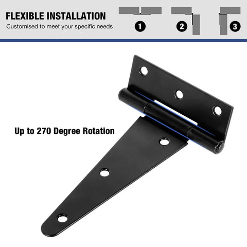 Six Inch T Strap Shed Door Hinges Heavy Duty 2 Pack With 270 Degree Rotation black finish hinge shown on white background