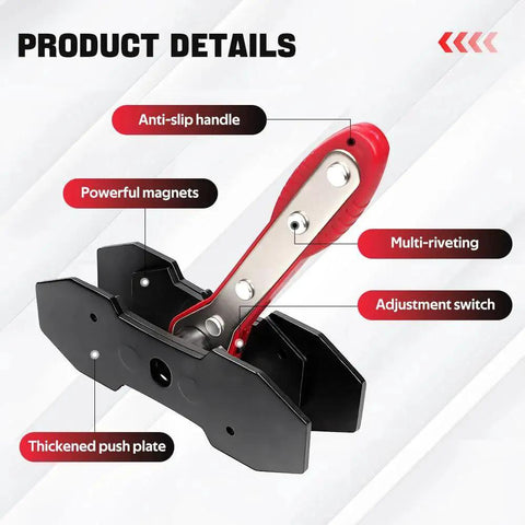 Brake caliper press tool with red handle and two steel plates, front view.