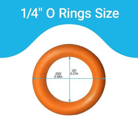 Close-up of orange O ring from 100 Pack Pressure Washer O Ring Seal Kit For DIYers And Pros, 1/4 inch quick connect fittings, dimensions shown
