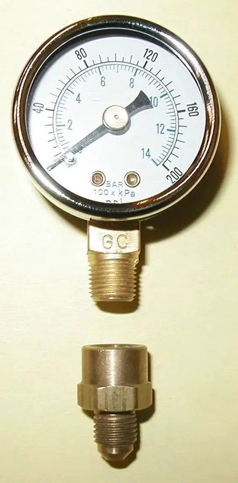Oil Burner Fuel Pressure Test Gauge 0-200 PSI for Beckett, Suntec, Webster, and Danfoss pumps with 1/8 inch NPT port and chrome bezel.