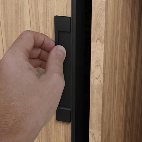 Black self-adhesive edge fingerpull door handle set installed on wood, part of the Self-Adhesive Edge Fingerpull Door Handle Set 2 Pack Black