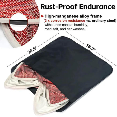 Tesla Model Y Sunshade Roof Double Layer Glass UV Blocking Easy Install folded showing rust-proof alloy frame and dimensions