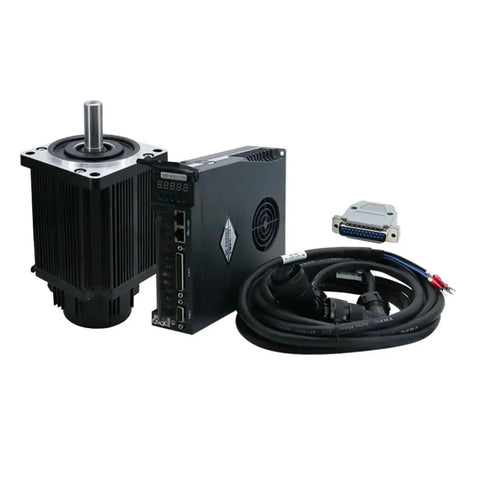 Three-piece servo motor and driver kit with cables, black aluminum housing, front view
