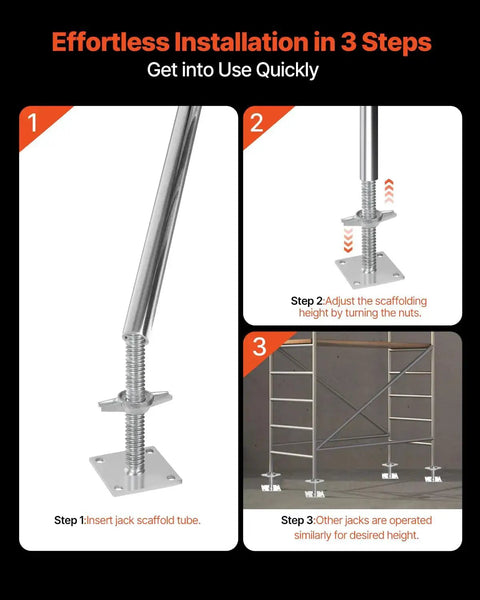 Effortless installation of Four Pack Beefy Adjustable Leveling Jacks for Baker Style Scaffolding in three steps, silver finish
