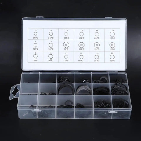 Gearhead Approved 17 Size External Retaining Ring Snap Ring Kit 2 To 32 Mm E Clip Circlip Set With Hardened Metal Rings And Plastic Storage Case 300 Pieces Total For Automotive Machinery And DIY Projects. Open plastic case displaying assorted retaining rings.