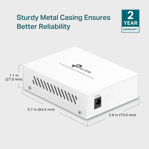 Gigabit Fiber To Ethernet Media Converter With SFP To RJ45 1000Base SX LX Fiber To Copper Auto Negotiation, metal casing, side view.
