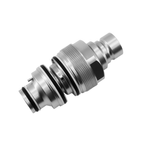 Metal hydraulic quick-connect male coupler with O-rings and threaded body, silver finish.