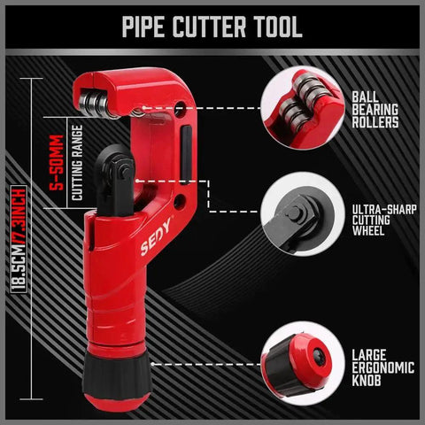 Heavy Duty Tube Cutter Set With Six Bearing System And Deburring Tool For Copper, Aluminum, And PVC Pipes, red with ergonomic knob