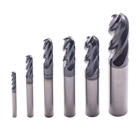 High Performance Solid Carbide Ball Nose End Mills Set, 6 Pc AlTiN Coated, 4 Flute, 30 Degree Helix CNC Router Bits on display