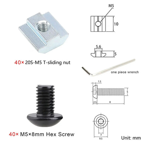 Diagram of T-sliding nut and hex screw with dimensions, showing T-slot compatibility, 40 sets with M5×8mm screws for Black Corner Brackets.