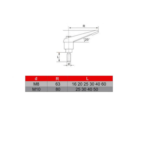 Diagram of Adjustable Clamping Lever With External Male Thread For Machinery, M8 size, ratchet style handle knob dimensions