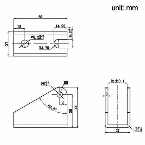 Diagram of Heavy Duty Metal Mounting Brackets For Linear Actuators, 180 Degree Rotation, Silver, 2 Pack, with dimensions in mm