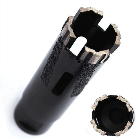 Dry Diamond Core Drill Bit For Granite Quartz And Engineered Stone One And One Quarter Inch With Five Eighths Inch Eleven Thread Arbor 105 Millimeter Length Vacuum Brazed Diamonds For Fast Smooth Holes Pro Grade Quality, close-up view showing cutting edge and side texture