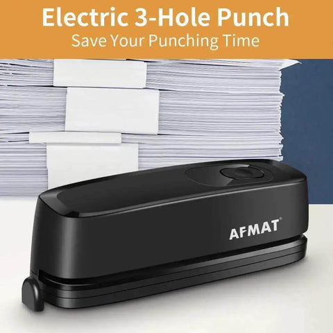Electric 3 Hole Punch For Binders, 20 Sheet Capacity, Quick Start Button, black design, with stack of papers in background