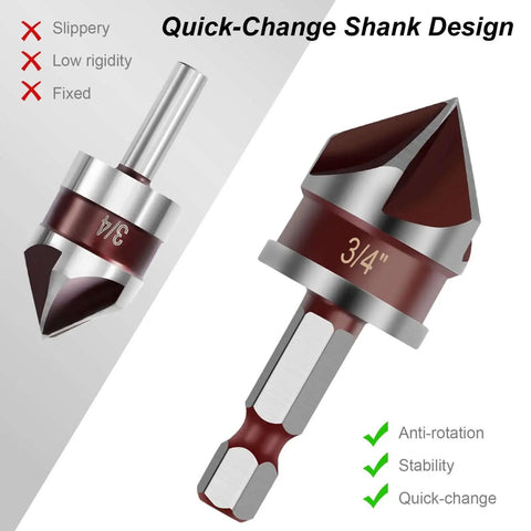 Countersink Drill Bit Set 82 Degree HSS With One Quarter Inch Hex Shank Five Piece Kit For Wood Metal And Plastic