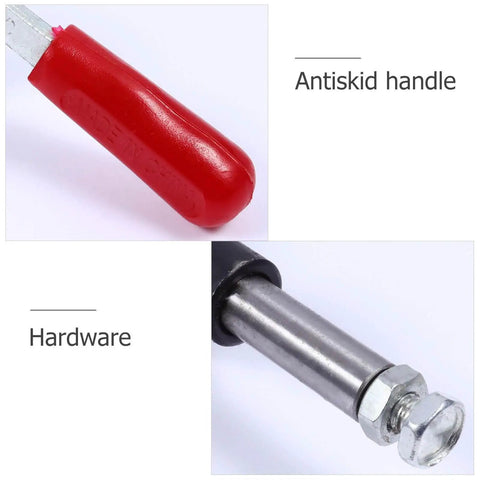 Close-up of Push Pull Toggle Clamp 42mm Stroke Quick Locking Horizontal Clip Hand Tool showing red antiskid handle and metal hardware.