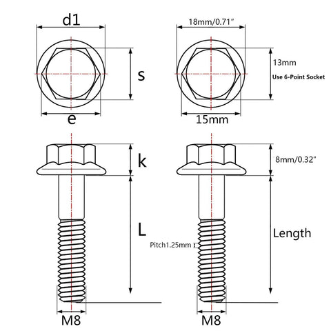 Diagram of Titanium DIN6921 Flange Head Bolts M8x40mm 4 Pack, showing dimensions for flange, socket, pitch, and head height.