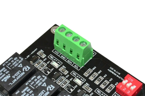 Close-up of Eight Channel I2C Relay Module for Arduino Raspberry Pi ESP32 and Home Assistant with SPDT contacts and connectors.