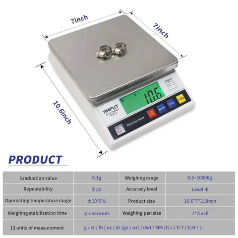 Front view of Pro Grade Industrial Counting Scale with 10 kg capacity and 0.1 gram precision, stainless steel pan, tare function visible.