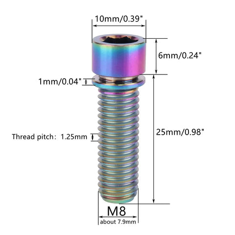 Titanium M8 X 25mm Bolts With Washer For Bicycle Stem Sick Rainbow Finish Six Pack Grade 5 Titanium Alloy Lightweight Fasteners