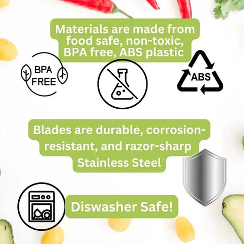 Infographic showing BPA-free, ABS plastic materials and stainless steel blades for All In One Vegetable Chopper And Prep Station.