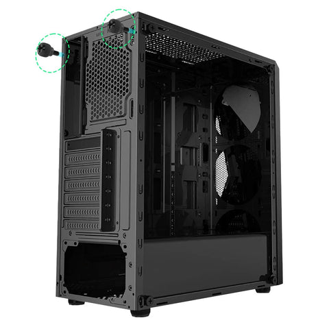 20 Pack Computer Case Thumb Screws Stainless Steel M3.5 6-32 Thread 6mm Length For PC Case Covers Hard Drives Power Supply Mounts PCI Slots Rust Resistant And Easy Tool Free Install used to secure a black computer case panel in place.