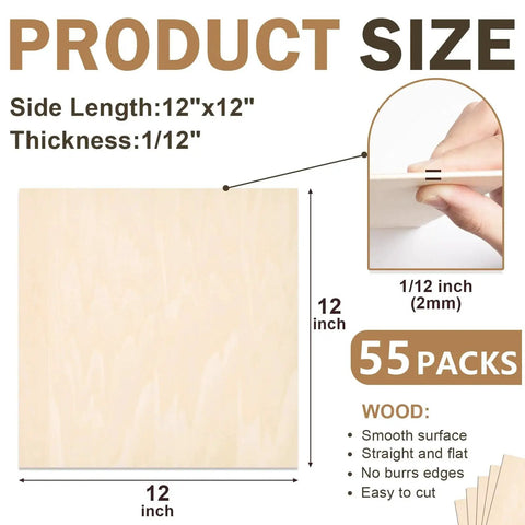 55 Pack Basswood Sheets For Crafts 12x12 Inch Unfinished Squares 2mm Thick Plywood For Laser Cutting And Wood Burning