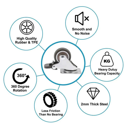 4 Pack 1.25 Inch Caster Wheels With Brakes Rubber Swivel Heavy Duty Casters With 360 Degree Top Plate 140 Lbs Total Capacity