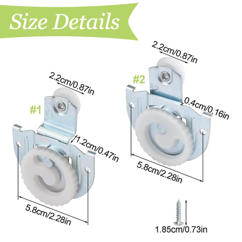 Size details of Bypass Sliding Door Roller Kit with 4 pcs adjustable closet door wheels showing dimensions and screws.