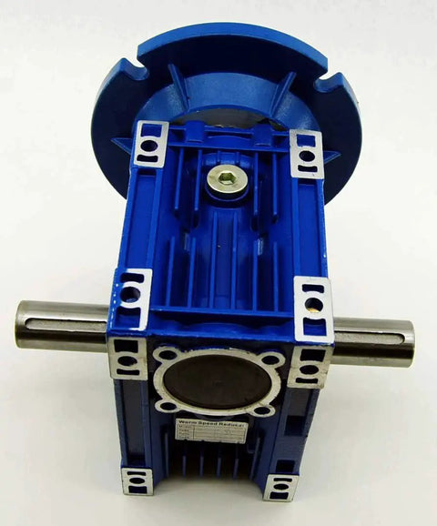 Top view of blue Industrial Worm Gear Speed Reducer 20 To 1 With 56C Flange 2.05 HP Input 1750 RPM Hollow Five Eighths Inch Shaft MRV063
