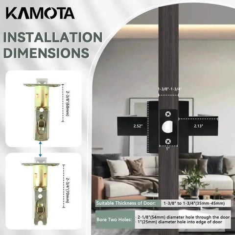 Installation dimensions for Kamota passage door levers set in black heavy duty keyless door handles square non locking design.