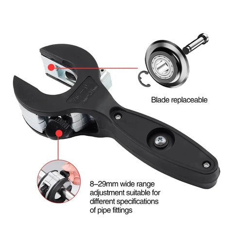 Compact One Handed Ratchet Pipe Cutter For Narrow Spaces Cuts Copper PVC PPR And Plastic Pipes From Five Sixteenths To One And One Eighth Inches with replaceable blade and adjustable grip handle.