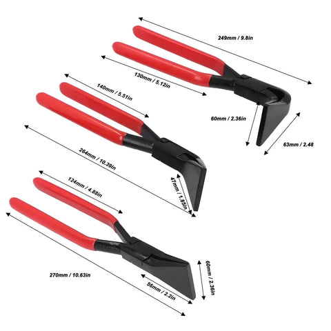 Pro Grade Metal Bending Pliers For Sheet Metal, High Carbon Steel Hand Seamer with 3 jaw sizes and 60mm jaw width with measurements.